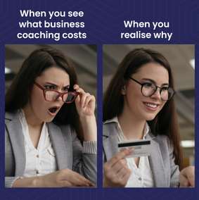Cartoon: the cost of business coaching looks different after understanding its value.
