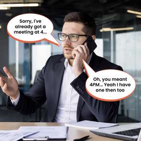 Cartoon: a meeting moved from four o'clock to 4pm causes confusion.
