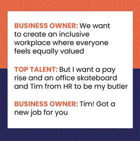 Cartoon: a business owner assigns Tim from HR to be a top talent's office skateboard butler.
