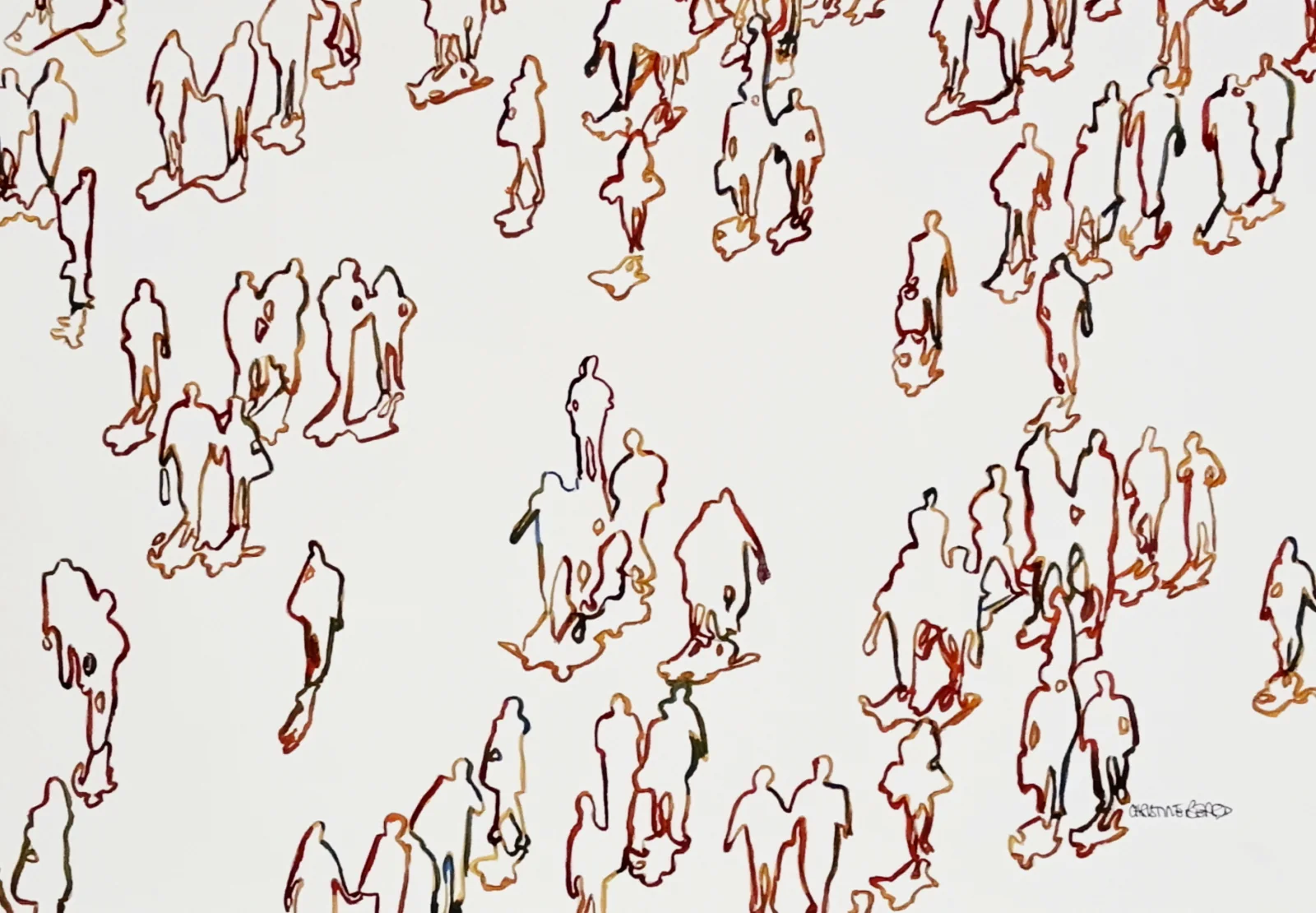 Watercolour line figures moving in small groups across white space