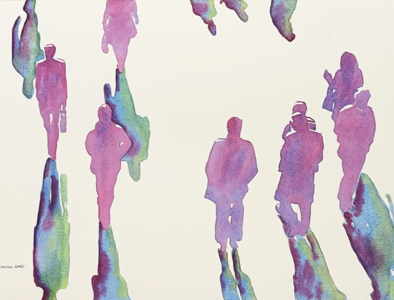 Purple and green watercolour figures with elongated reflections