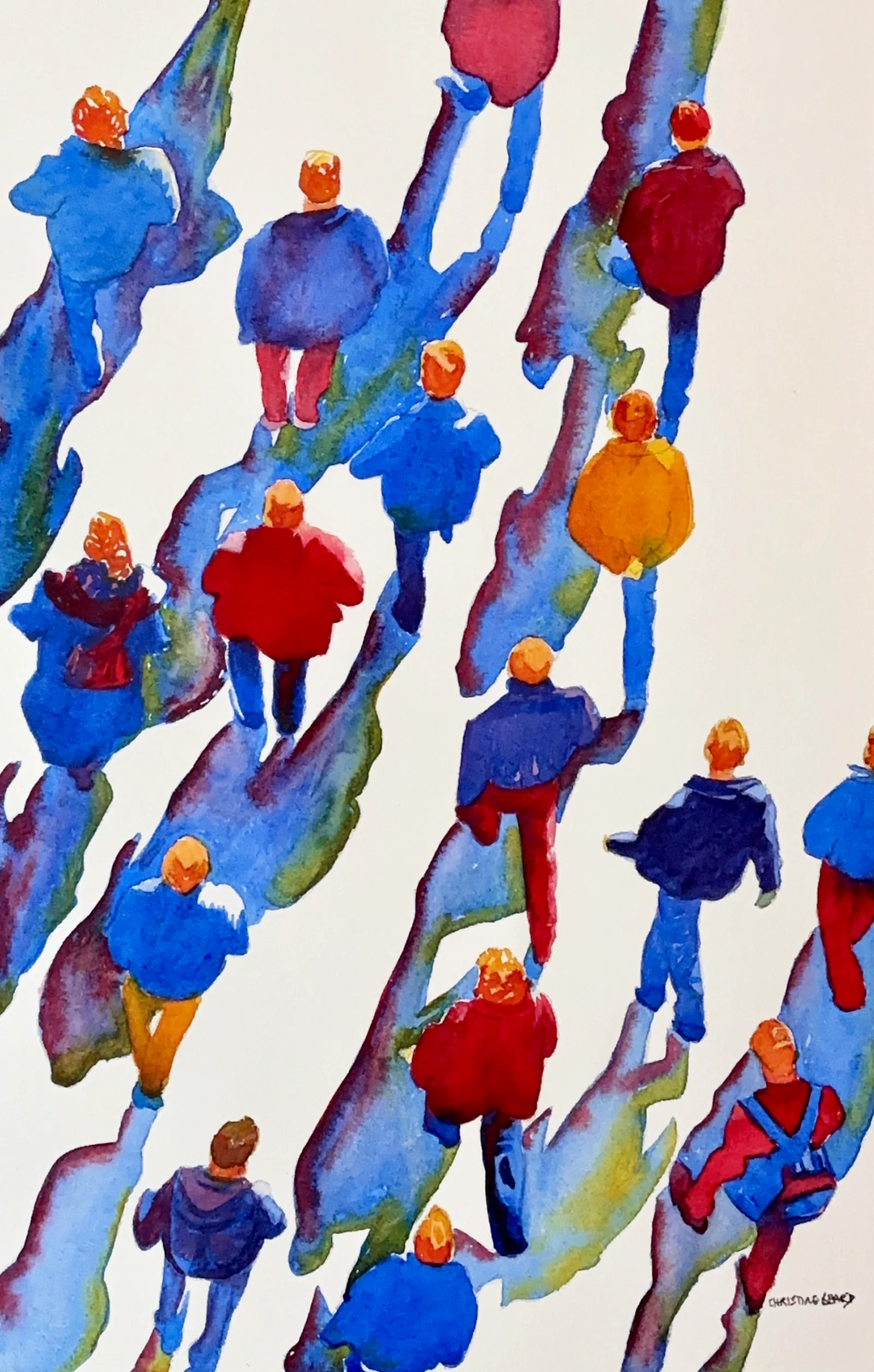 Watercolour painting of people moving through a crowd with long blue and green shadows